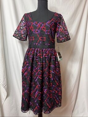 Emporio Armani Black Midi Dress with Red & Purple Geometric Embroidery